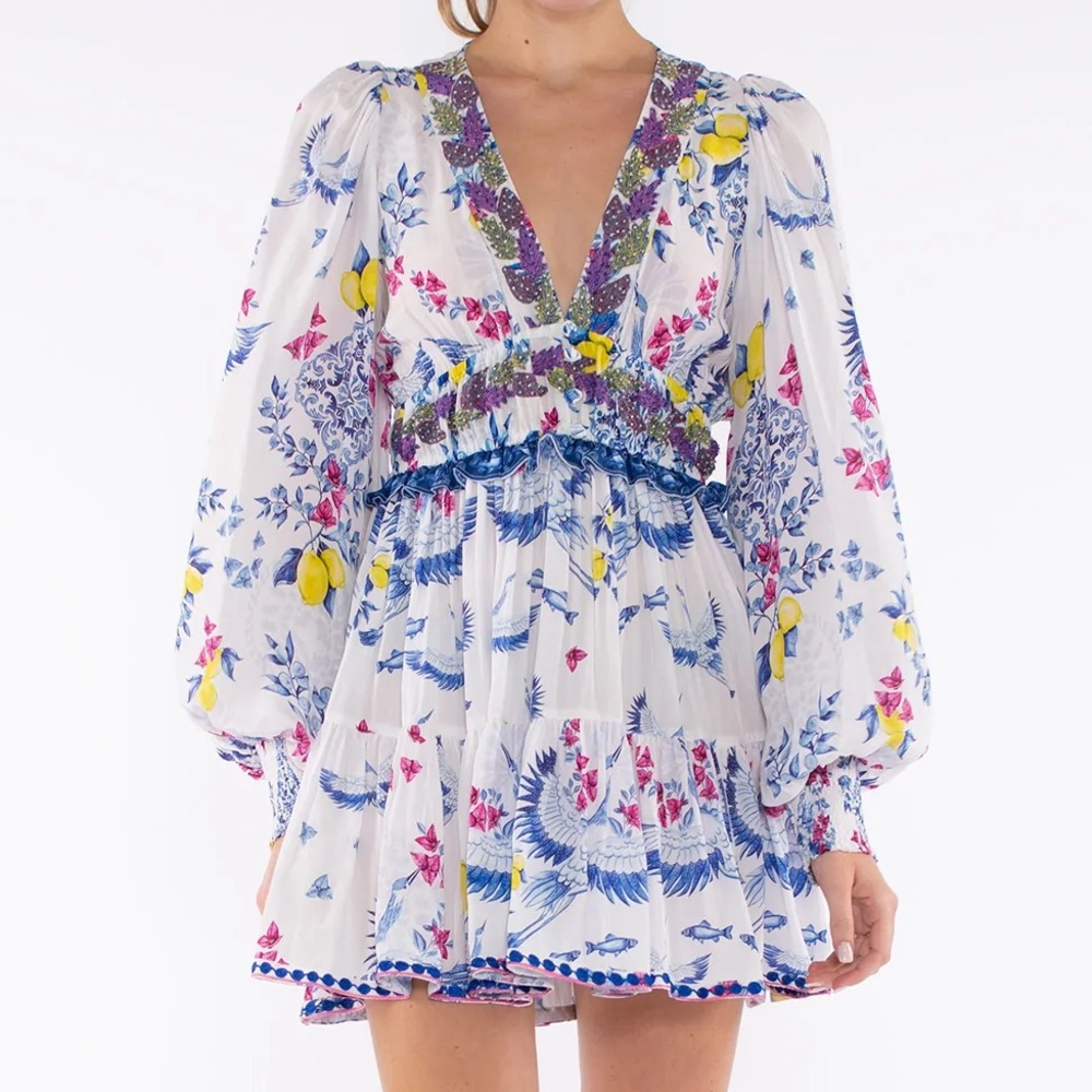 Taj by Sabrina BLUE GREEK BIRDS WITH YELLOW LEMONS Dress